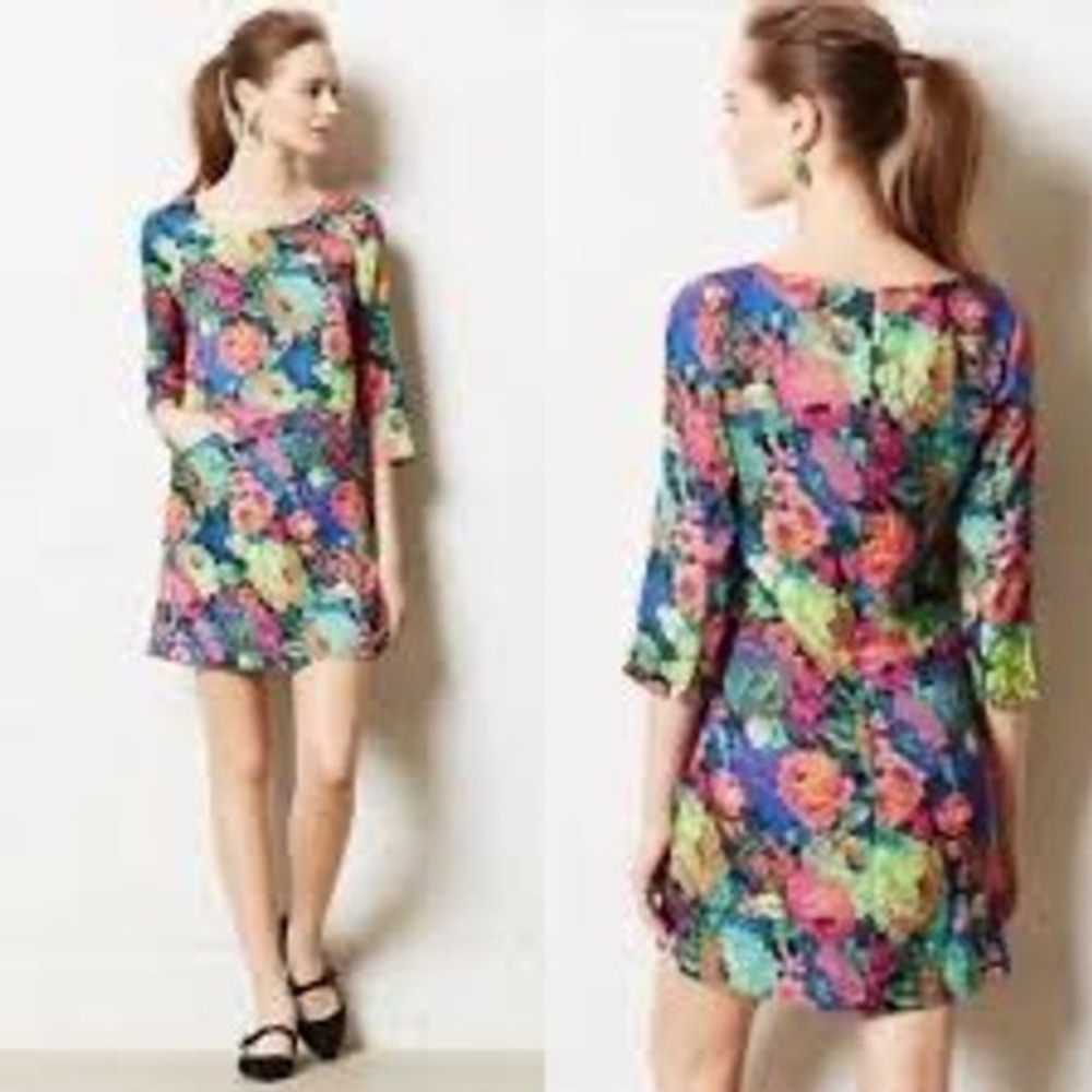 HD in Paris Anthropologie Floral Shift Dress 3/4 Sleeve Mini Pockets L‎